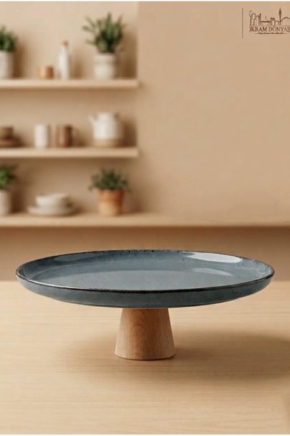 Wooden Design Wooden Round Footed Pearl 27 cm Serving and Presentation Plate Blue
