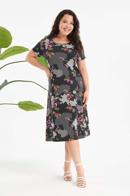 Women's Black and White Floral Honeycomb Pattern Plus Size Stretchy Midi Dress