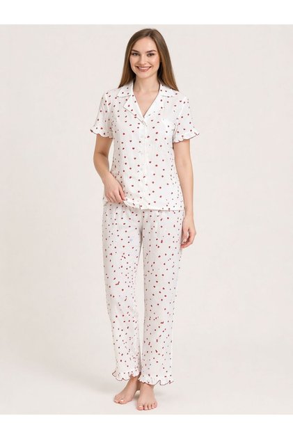 Women's Ruffled White Red Heart Patterned Cotton Buttons Short Sleeve Bottom Top Pajama Set