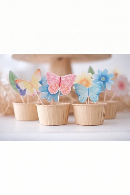 Multi-Colored Butterfly and Flower Themed 12-Pack Toothpick Cake Decoration
