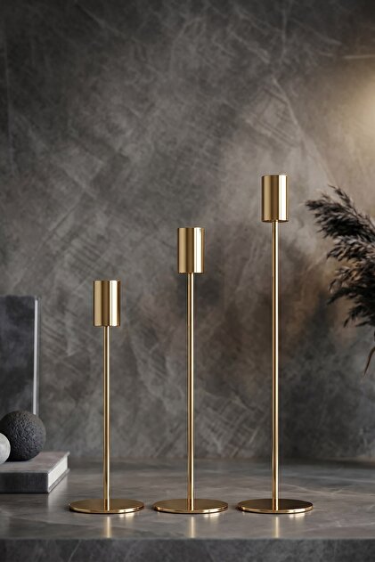 3'lü Lüks Parlak Gold Şamdan Seti - Dekoratif Metal Mum Ocakları - Romantik Akşam Yemeği Şamdan Takı