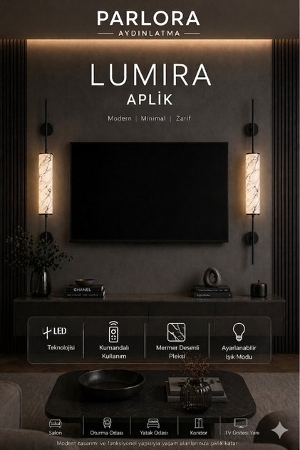 Lumira Serisi Kumandalı LED Aplik – Minimal Siyah Beyaz Dekoratif Mermer (Desenli) Görünümlü Lüks Pleksi Salon, Koridor, Yatak Odası Duvar Aplik