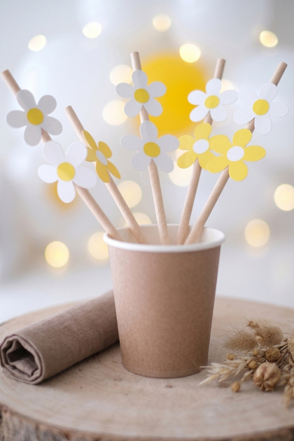 Multi-Colored 8-Piece Paper Party Straws with Daisy Figures