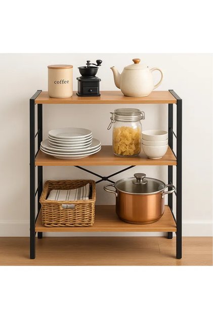 Dulap multifuncțional cu 3 niveluri, din metal și lemn, negru și pin – Raft pentru cărți, bucătărie, papetărie și baie – 60 x 30 x 90 cm