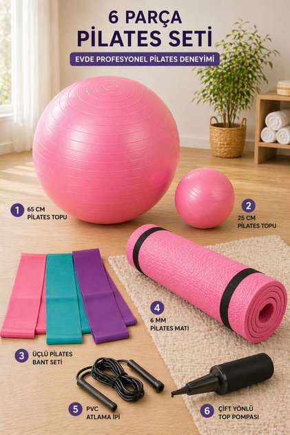 6 Parça Full Evde Pilates Seti 65 cm Ve 20 cm Pilates Topu Pilates Band Set Pilates Matı Atlama İpi Set