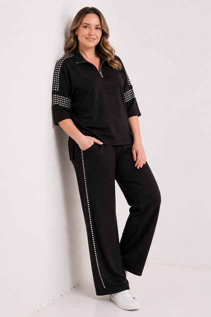 Set de trening negru, mărime mare, pentru femei, cu buzunare cu aplicații de piatră 65N39476