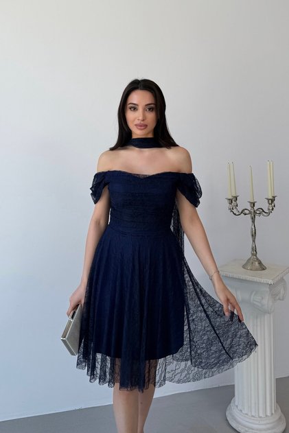Navy Blue Shoulder Scarf Detailed Lace Fabric Short Evening Dress