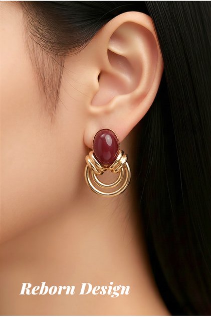 Brass Gold Color Vintage Earrings with Burgundy Stone