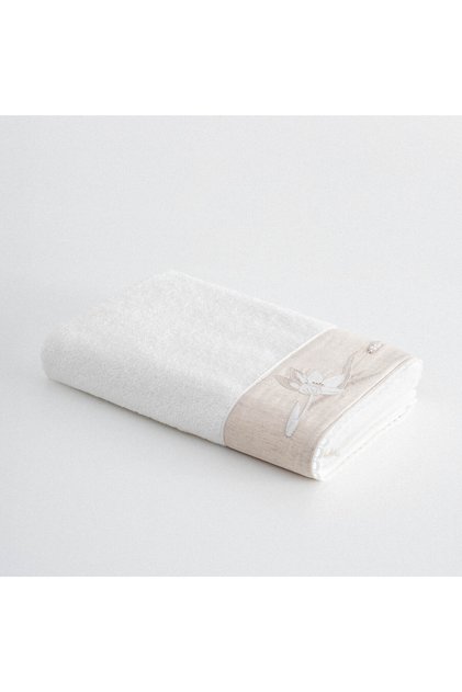 Mihra Bath Towel 100% Organic Cotton Linen Bordered Hand Embroidered Cream 80X150 cm