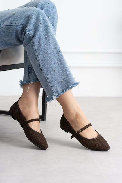 Lofi Women's Flat Shoes with Front Strap and Buckle, Linen Woven, Brown