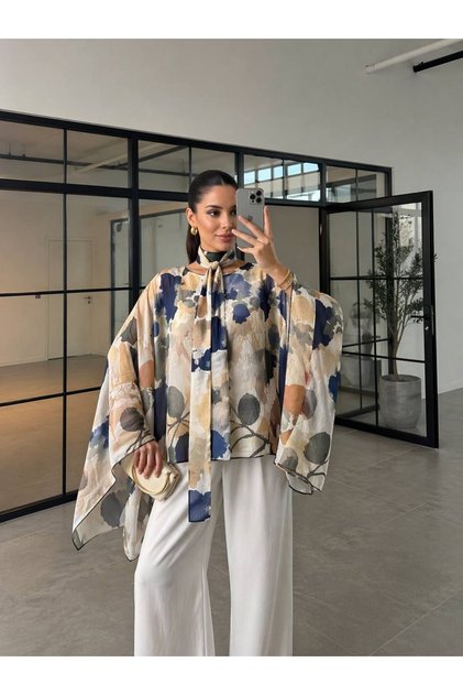 Women's Blue Patterned Asymmetrical Cape Blouse with Scarf