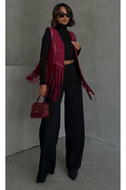 Stone Detailed Tasseled Suede Vest