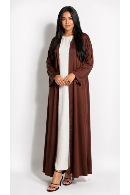 Rich Chocolate Brown Open Front Abaya Set with Inner White Dress