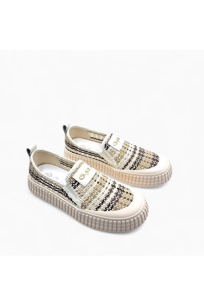 Knitted Straw Detailed Slip-On Laceless Beige Color Women's Sneaker Shoes