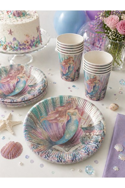 Mermaid Pastel Color Themed Cardboard Plate and Cup Set of 8