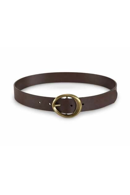 Bitter Brown Leather Belt with Gold Oval Buckle