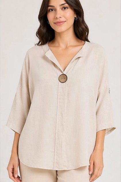 Women's Beige Large Size Large Single Button Washed Cotton Linen Folded Sleeve Shirt Blouse
