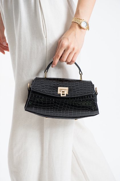 Nçs Black Crocodile Lock Detailed Baguette Women's Crossbody Bag