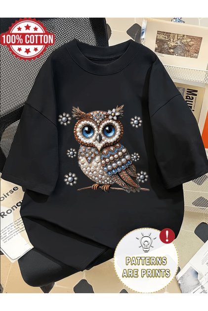 Μπλουζάκι Premium Oversize με στάμπα με σχέδιο κουκουβάγιας και πέρλες