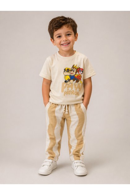 Boy's Printed Suit Beige Striped Set of 2