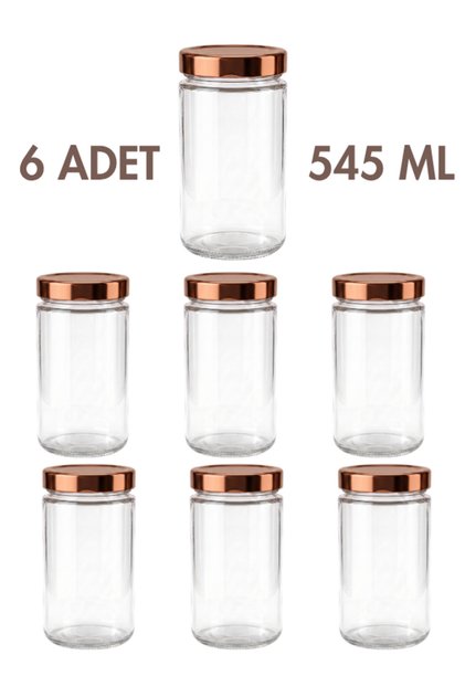 6 Adet Bronz Bakır Rengi Derin Kapaklı Şeffaf Reçel Sos Konserve Fıstık Ezmesi Tahin Pekmez Cam Kavanozu 545 ML