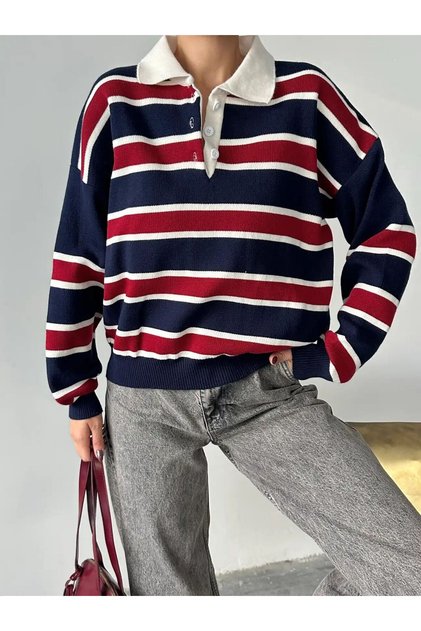 Striped Shirt Collar Soft Knit Sweater