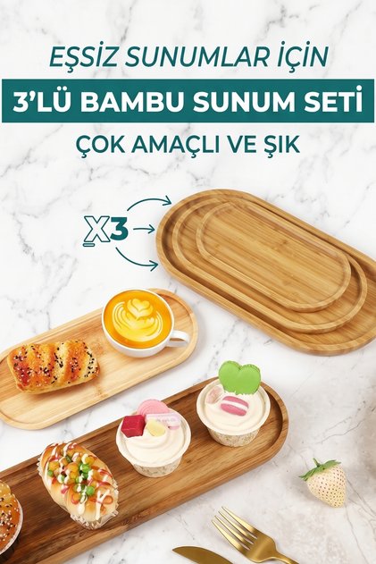 Set of 3 Natural Bamboo Oval Presentation Plates - Entrance, Snack and Breakfast Presentation Set