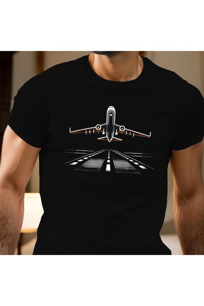 yaz %100 saf pamuk moda rahat gevşek büyük boy uçak deseni baskılı yuvarlak boyun kısa