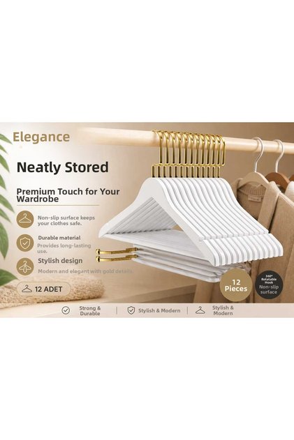 Wooden Hanger for Clothes, Shirts and Dresses, Special Series Gold Hook (Ultra Luxury) 12 Pieces