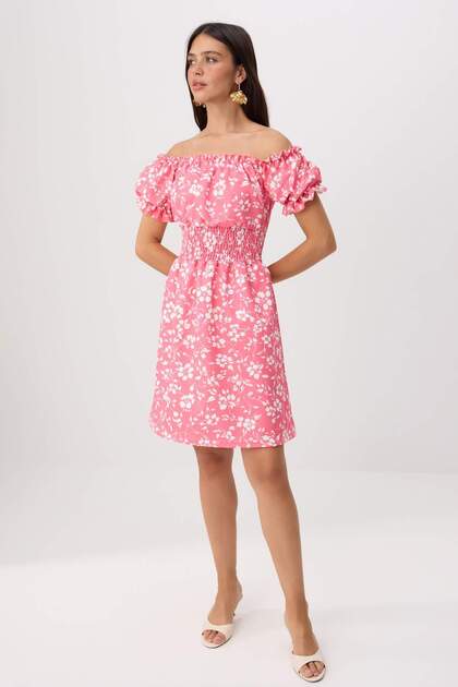 Pink Floral Patterned Elastic Waist Carmen Neck Short / Mini Woven Dress Twoss26El00936