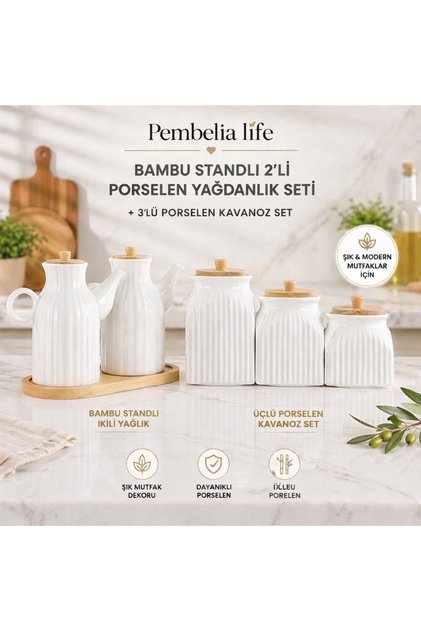 Set of 2 6 Pieces Chamomile Porcelain 1000ml Oil Pot with Bamboo Stand and 3-Piece Jar Storage Set