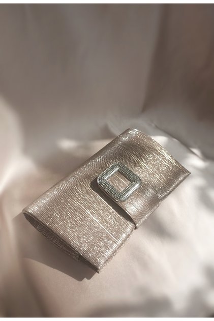 Women's Gold Patterned Stone Buckle Detailed Special Design Wedding Engagement Event Portfolio Clutch Evening Dress Bag
