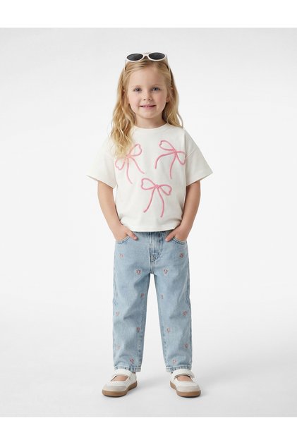 Cotton Crew Neck Short Sleeve T-Shirt with Bow Embroidery