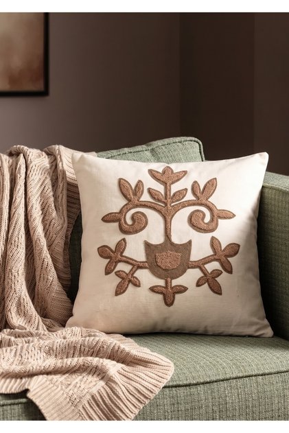 Rustic Vintage Boho Patterned Punch Embroidered Cotton Comfort Throw Pillow Cover Brown 42X42