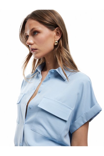 Modal Fabric Short Sleeve Classic Collar Pocket Detailed Shirt