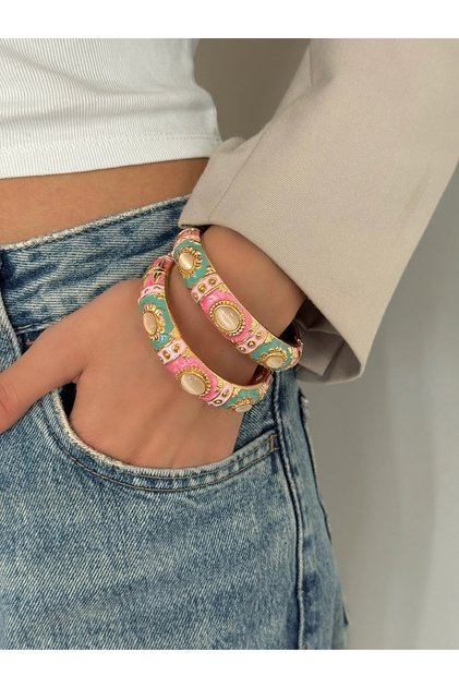 Çelik Pembe Yeşil Mineli Bileklik