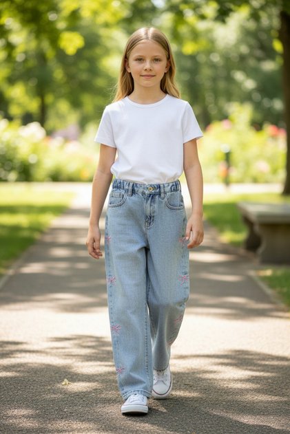 Girl's Light Blue Wide Leg Jean Trousers with Ribbon Detail, Elastic Waist, Comfortable Fit