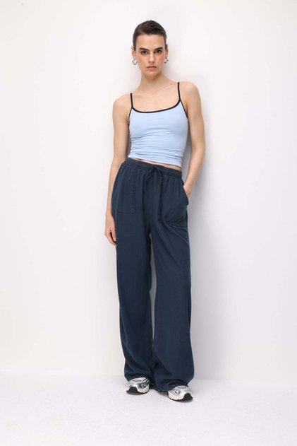 4629 Women's Wide Leg High Waist Viscose Palazzo Pants Navy Blue