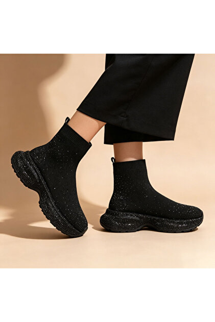 Pantofi sport damă, cu model de șosete, D1384, negri