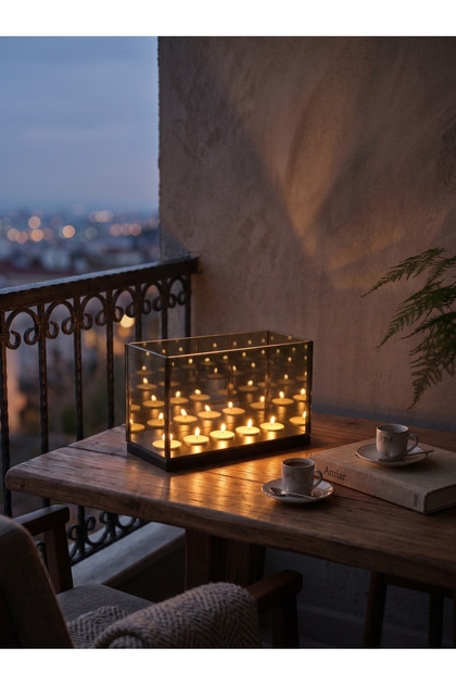 Ev Dekorasyon Ahşap tabanlı Luxe 5 Mumlu Cam Sonsuzluk Aynalı Mumluk - Mumlar Hediyedir - Nişan Hediyelik
