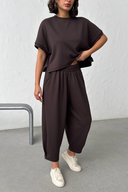 Women's Bitter Brown t Sleeve Stretch Fabric Tracksuit Set Nj19