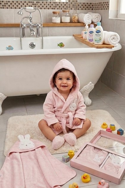 Organic Newborn Baby Girl Towel Bathrobe Set with Rabbit Embroidered Hat Organic - Baby Birth Gift
