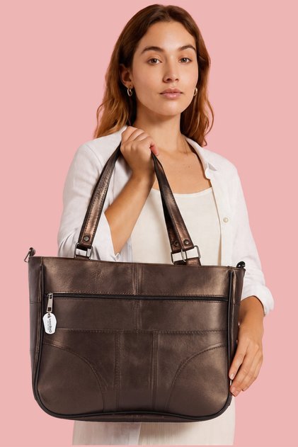 Genuine Leather Bronze Shoulder Strap Crossbody Messenger Bag with Multiple Compartments