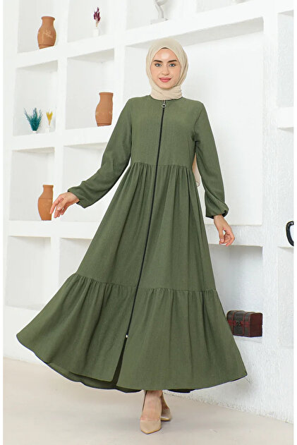 Abaya cu fermoar și încrețitură din material crep 1018-05 Kaki