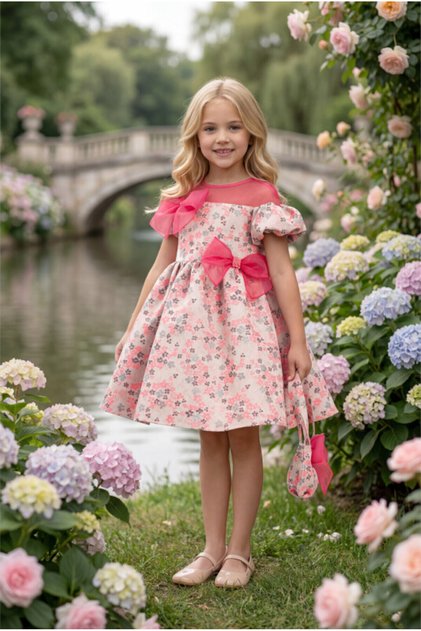 Bowknot & Floral Patterned Bag Set Girl's Birthday Dress 3-4-5-6-7 Years Old 35334Pr