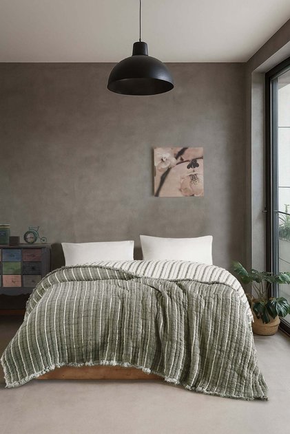 Double Bedspread 100% Cotton Muslin Filled 230X250 cm Luca Khaki Green