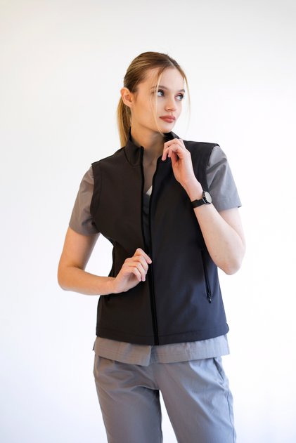 Softshell Su Geçirmez Polarlı Kadın Yelek - Füme Gri
