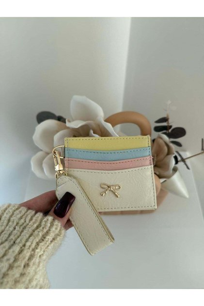 Women's Bow Detailed Shiny Faux Leather Card Holder with Keychain