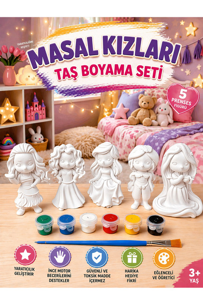 Masal Kızları Taş Boyama Seti = 5 Adet Prenses Temalı taş + 6 Renk Boya + 1 Fırça
