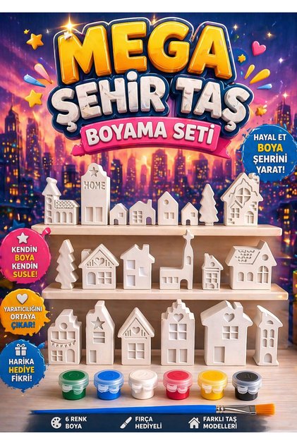 Mega Şehir Taş Boyama Seti =20 taş + 6 Renk Boya + fırça